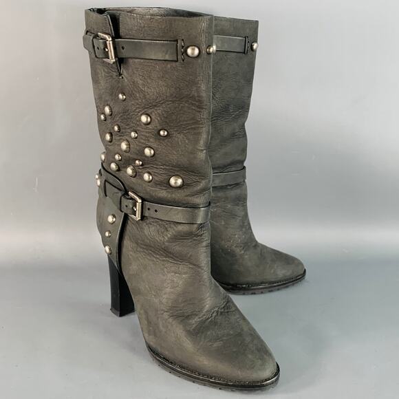 RALPH LAUREN COLLECTION Size 8.5 Black Studded Stacked Heel Pull On Boots - Picture 1 of 9